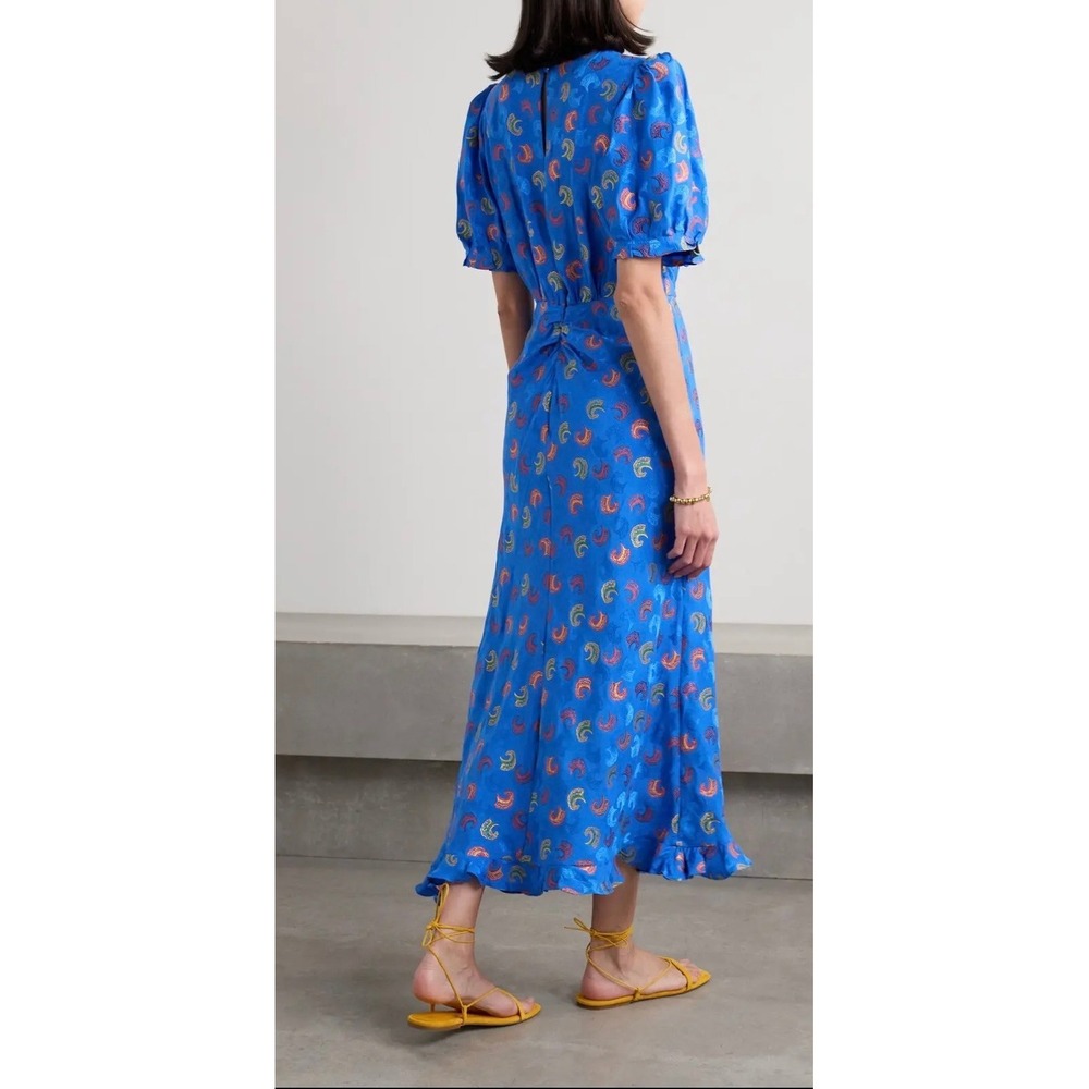 Saloni Vida Silk Satin Floral Jacquard Midi Dress Puff Sleeve‎ Cobalt Blue - Picture 9 of 9